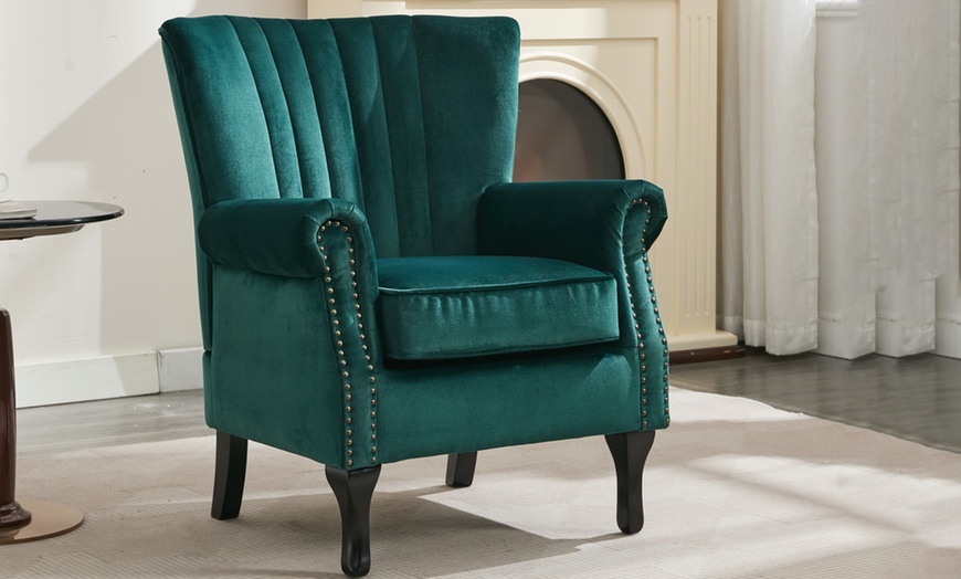 Image 1: Velvet Upholstered Accent Armchair; Stylish Mid-Century Design