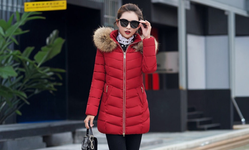 Image 4: Big Fur Collar Slim Mid-length Women’s Cotton Coat