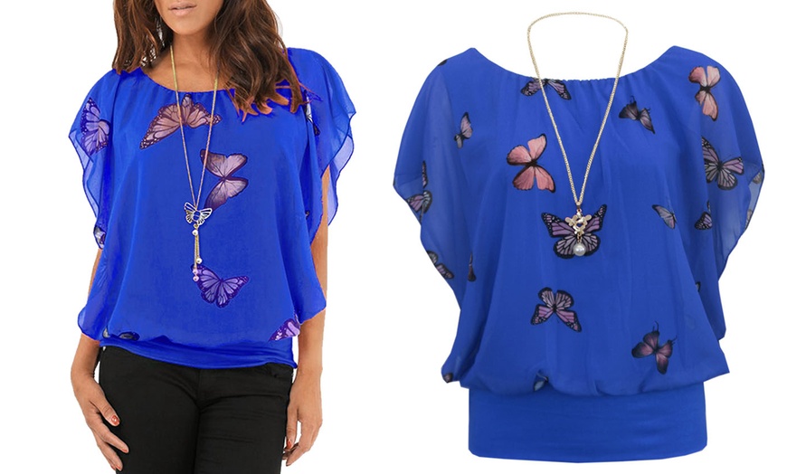 Image 11: Women's Coloured Butterfly Print Ruffle Chiffon Top with Necklace