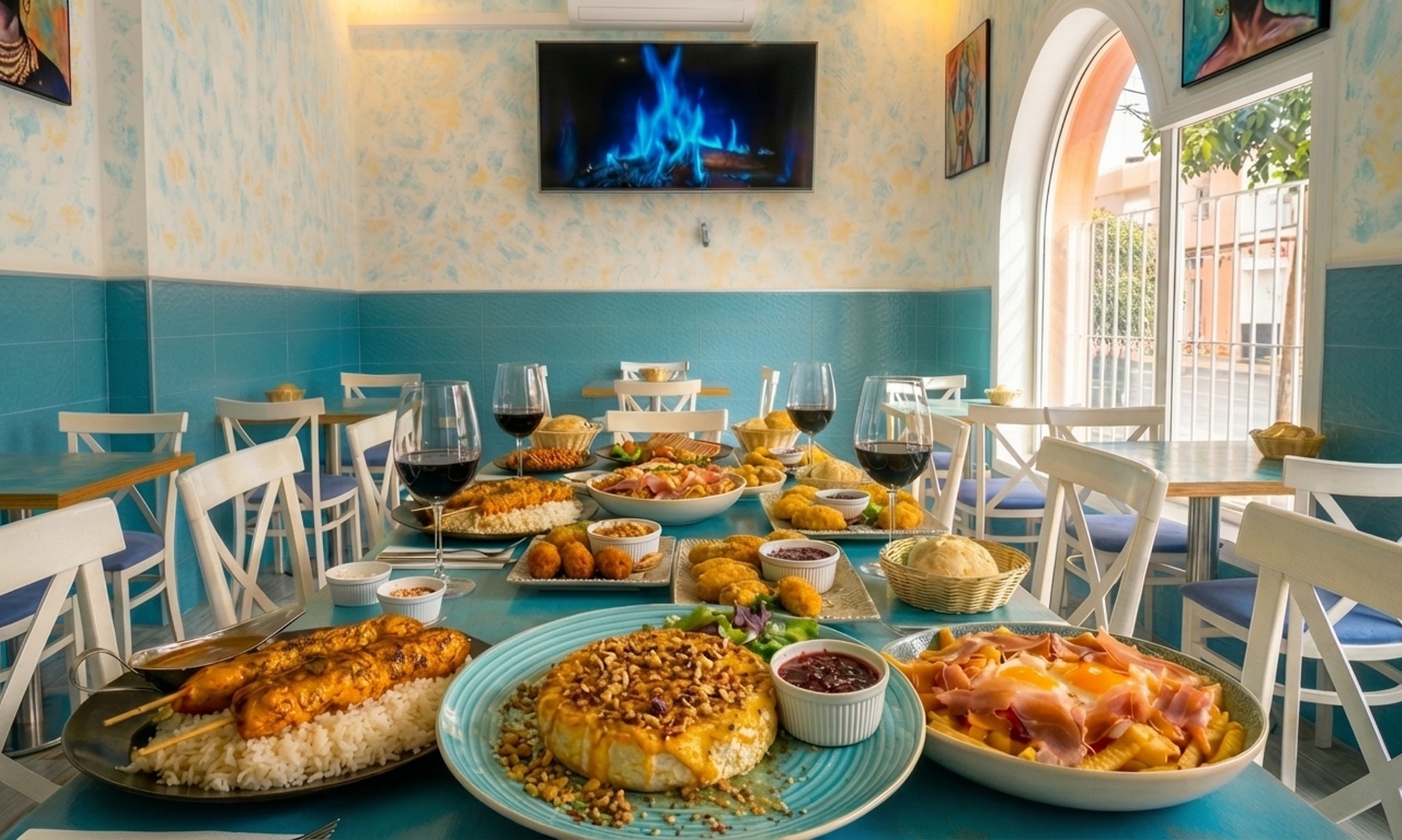 Menú con aperitivo, entrante, principal, postre y bebida para 2 o 4