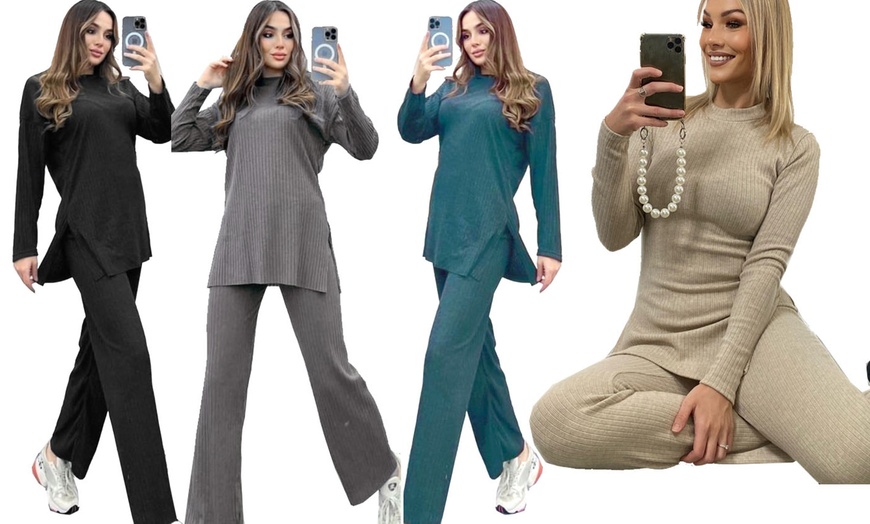 Image 2: Want Clothing Ribbed 2-Piece Wide Leg Loungewear Suit