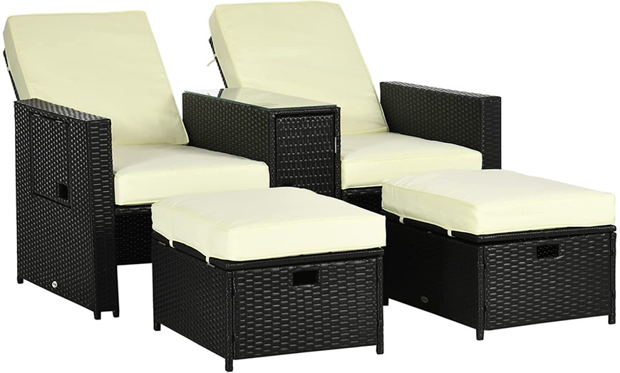 Image 4: Outsunny Rattan-Effect 2 Sun Loungers with Footstools, with Cushions