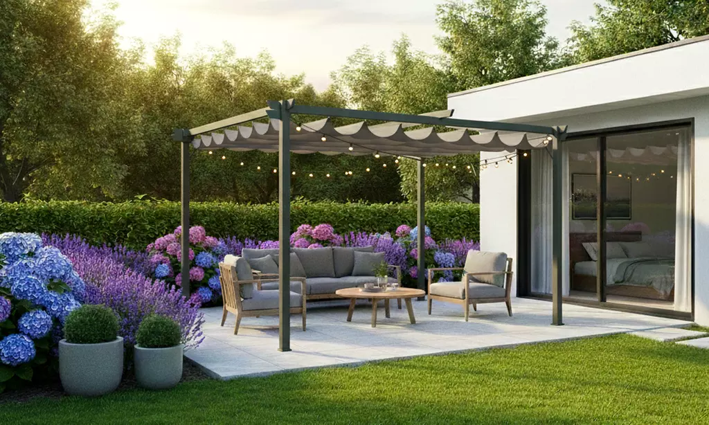 Pergola da giardio in acciaio e telo retrattile