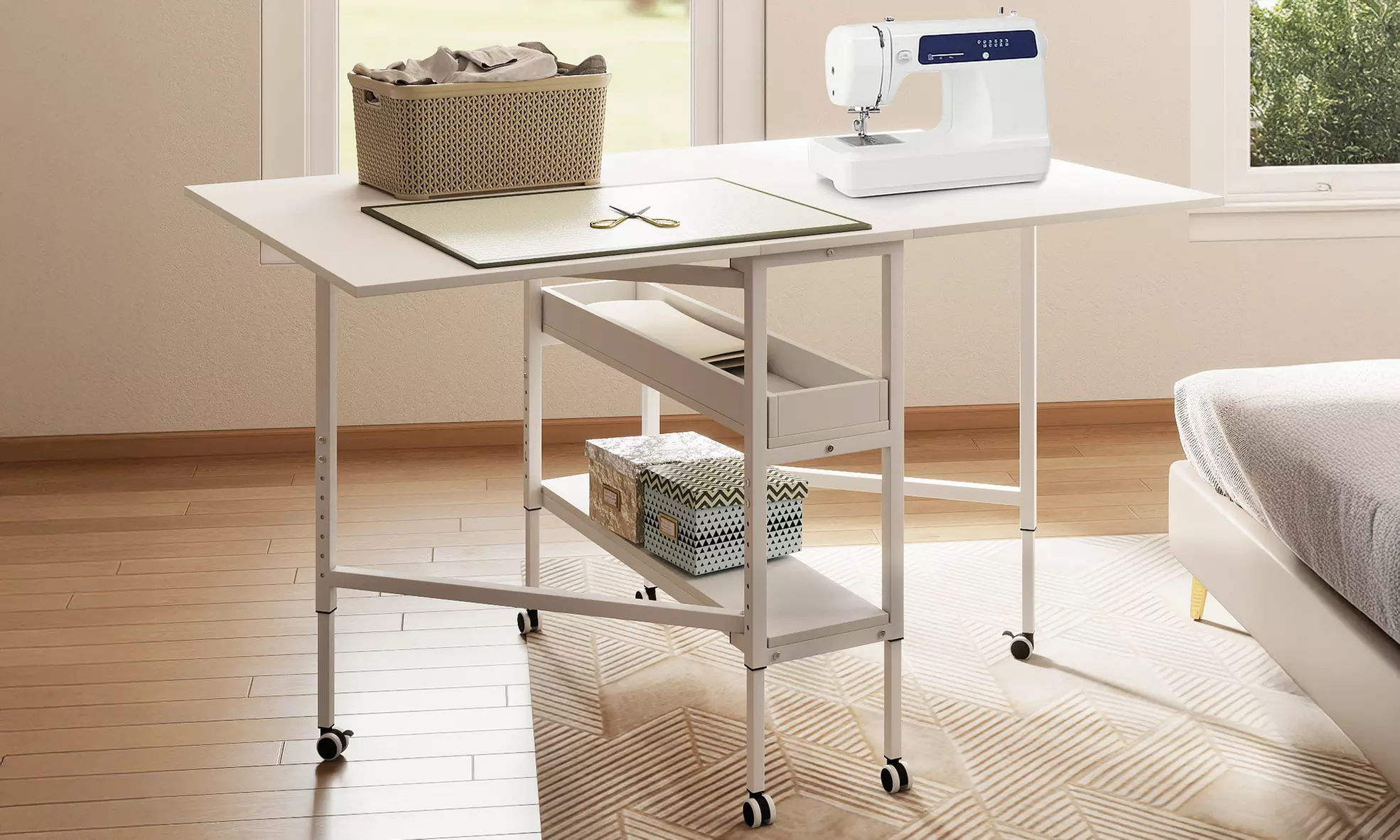 Levede Adjustable Sewing Table with Storage Shelves & Lockable Wheels