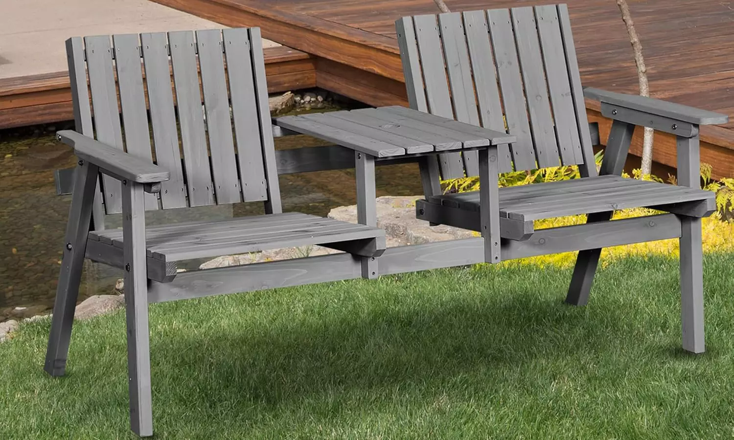 Outsunny 2-Seater Wooden Bench with Centre Table