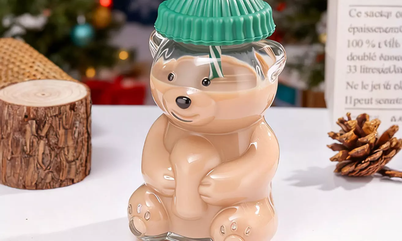 Barista-Teddybär-Glas mit Deckel & Strohhalm