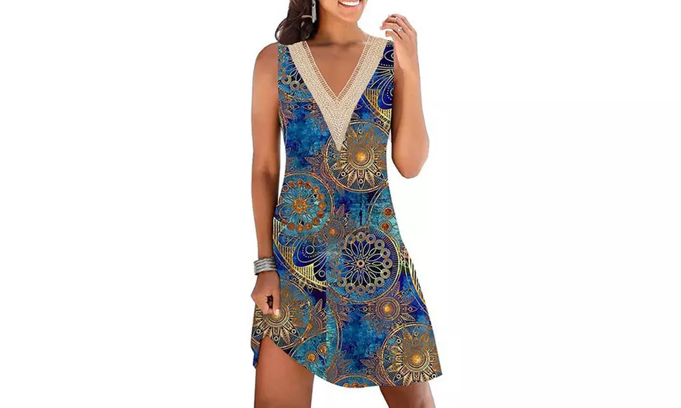 Women Lace Trim V Neck Sleeveless Dress with Pockets S-2X