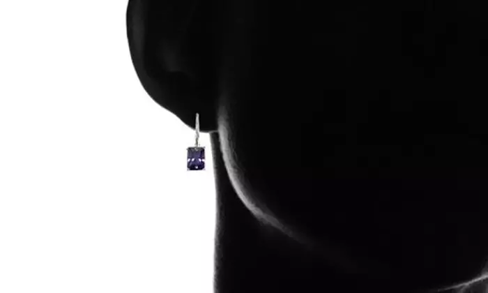 Sterling Silver Cubic Zirconia Amethyst Emerald-Cut Leverback Earrings
