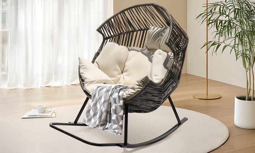 Image 1: Spacious Rattan Rocking Chair with Thick Cushion – Indoor & Outdoor