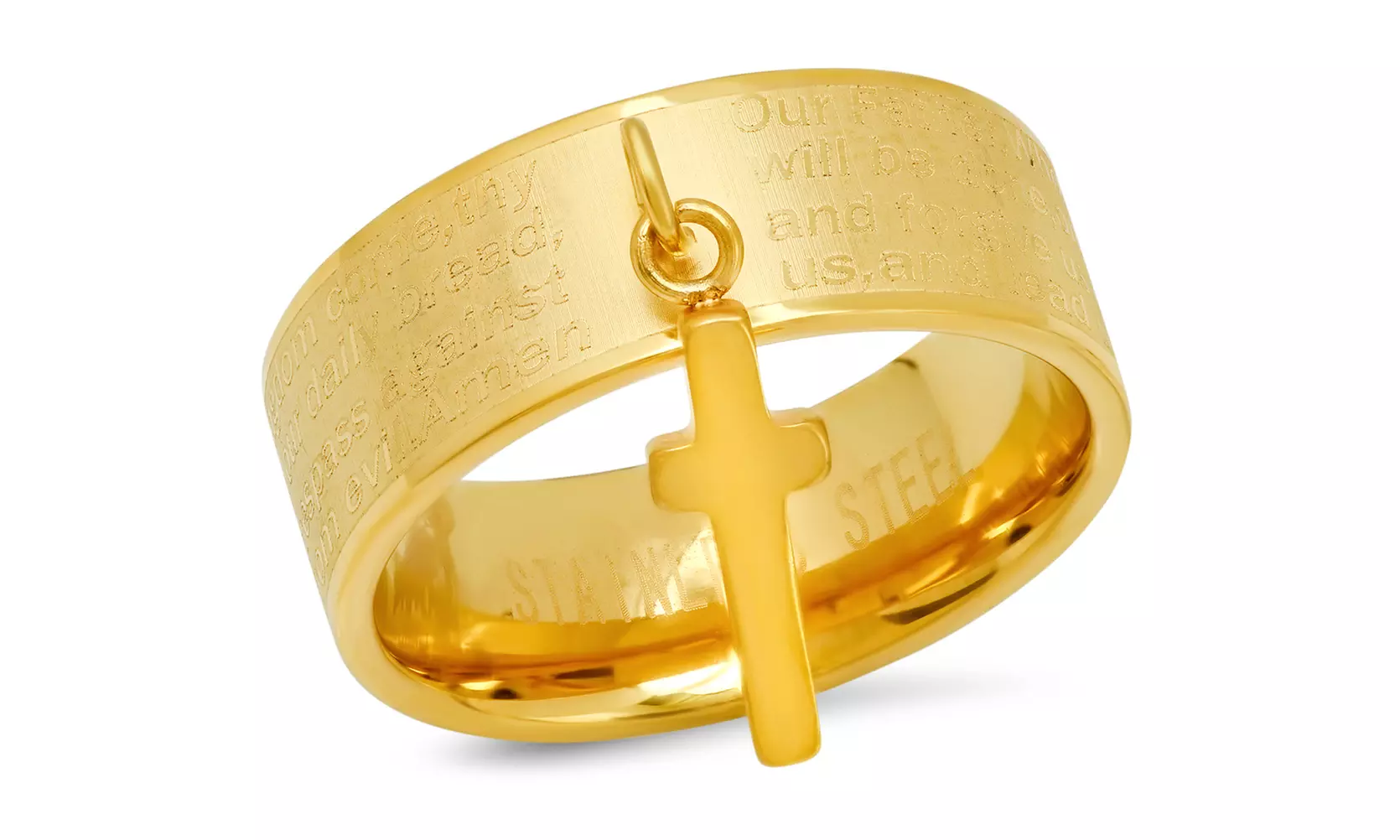 Ladies Stainless Steel Our Father English Prayer Band Ring With Cross Charm