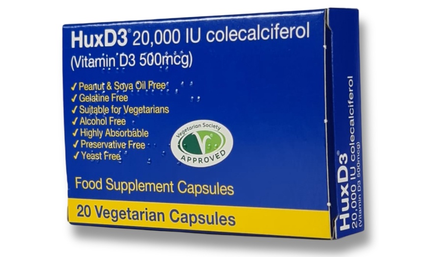 Image 3: 20- or 30-Pack HUX D3 Vitamin D3 (20,000 IU) Colecalifero Capsules