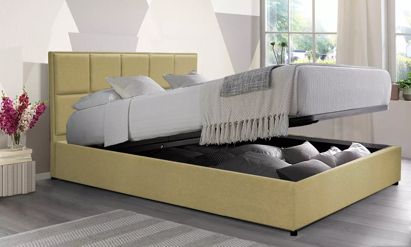 Lit coffre ''Florence'' en tissu, avec grand espace de rangement et tête de lit design, matelas en option, Sampur - Primary Image