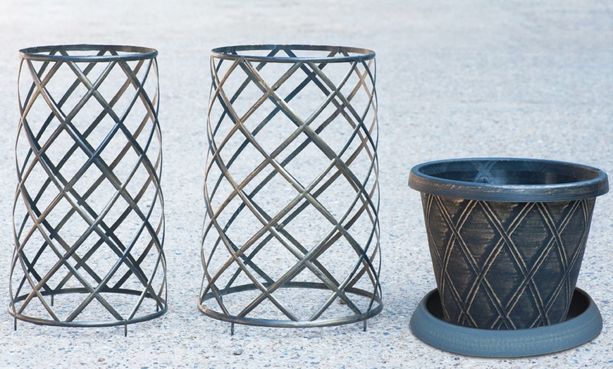 Image 2: One or Two Decorative Black and Gold Trellis Tower Plant Pots