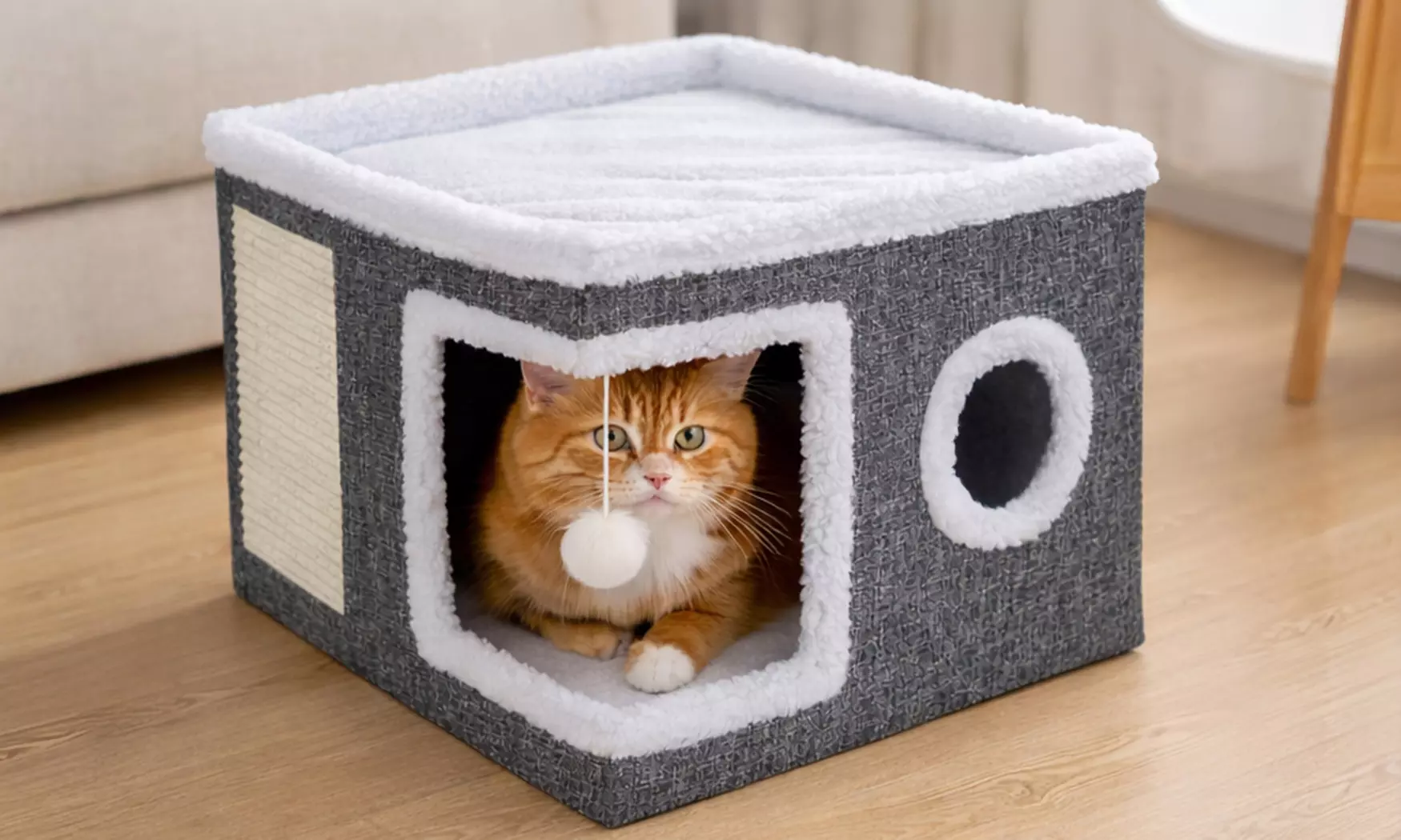 Skylos Indoor Cat House Cave with Scratch Pad and Hanging Toy