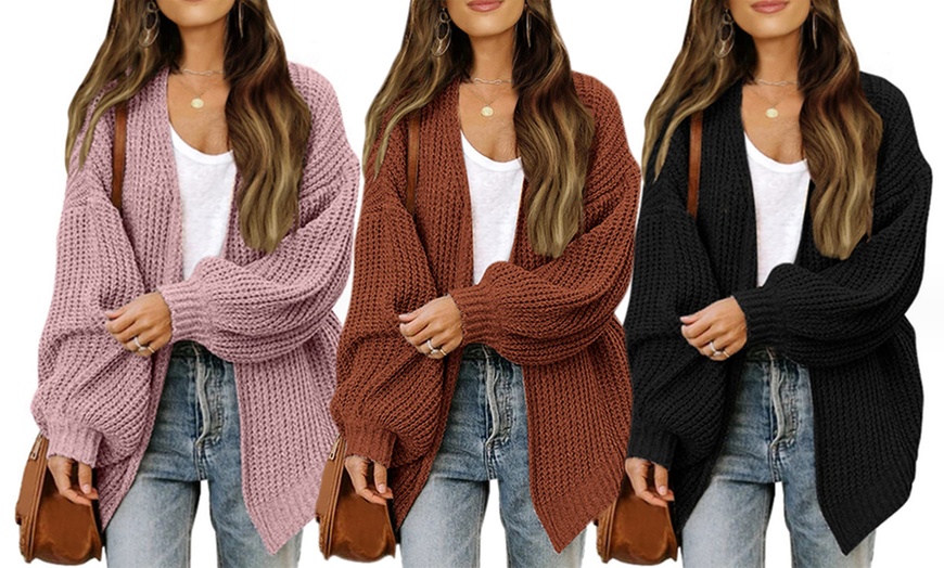 Image 1: Womens Lantern Sleeve Knit Cardigan 