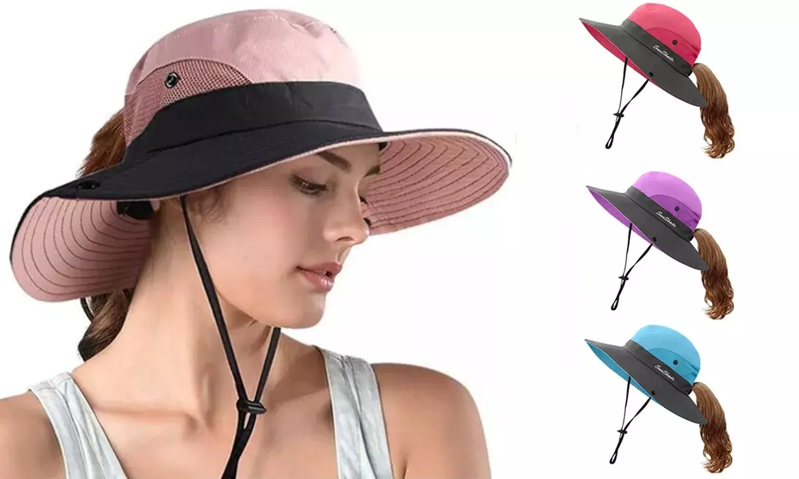 Womens UV Protection Hat Foldable Wide Brim Ponytail Sun Hats