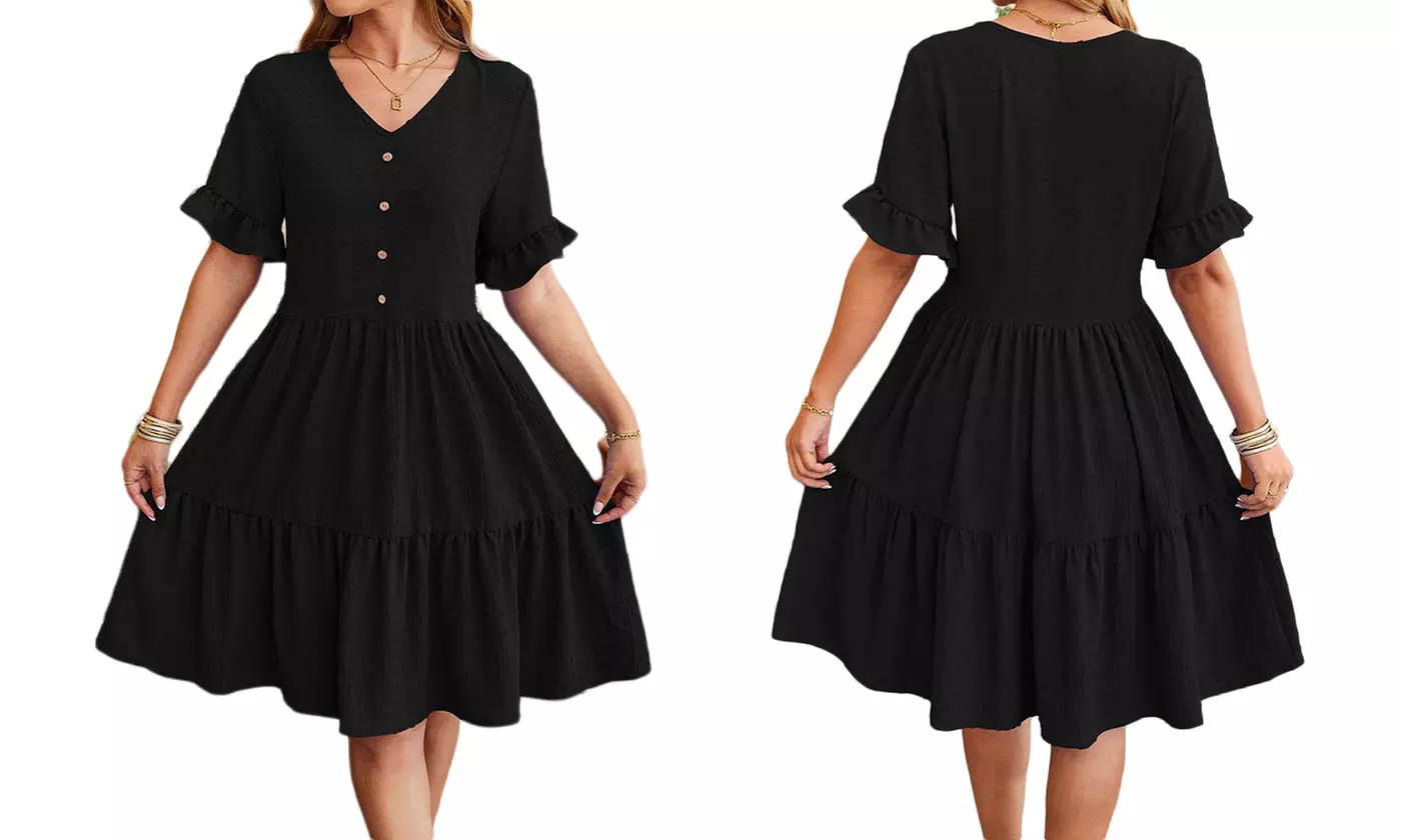 Womens V Neck Short Sleeve Swiss Dot Ruffle Hem Summer Dress