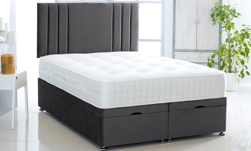 Image 2: Plush Velvet Ottoman Gas Lift Bed with Memory Spring Mattress
