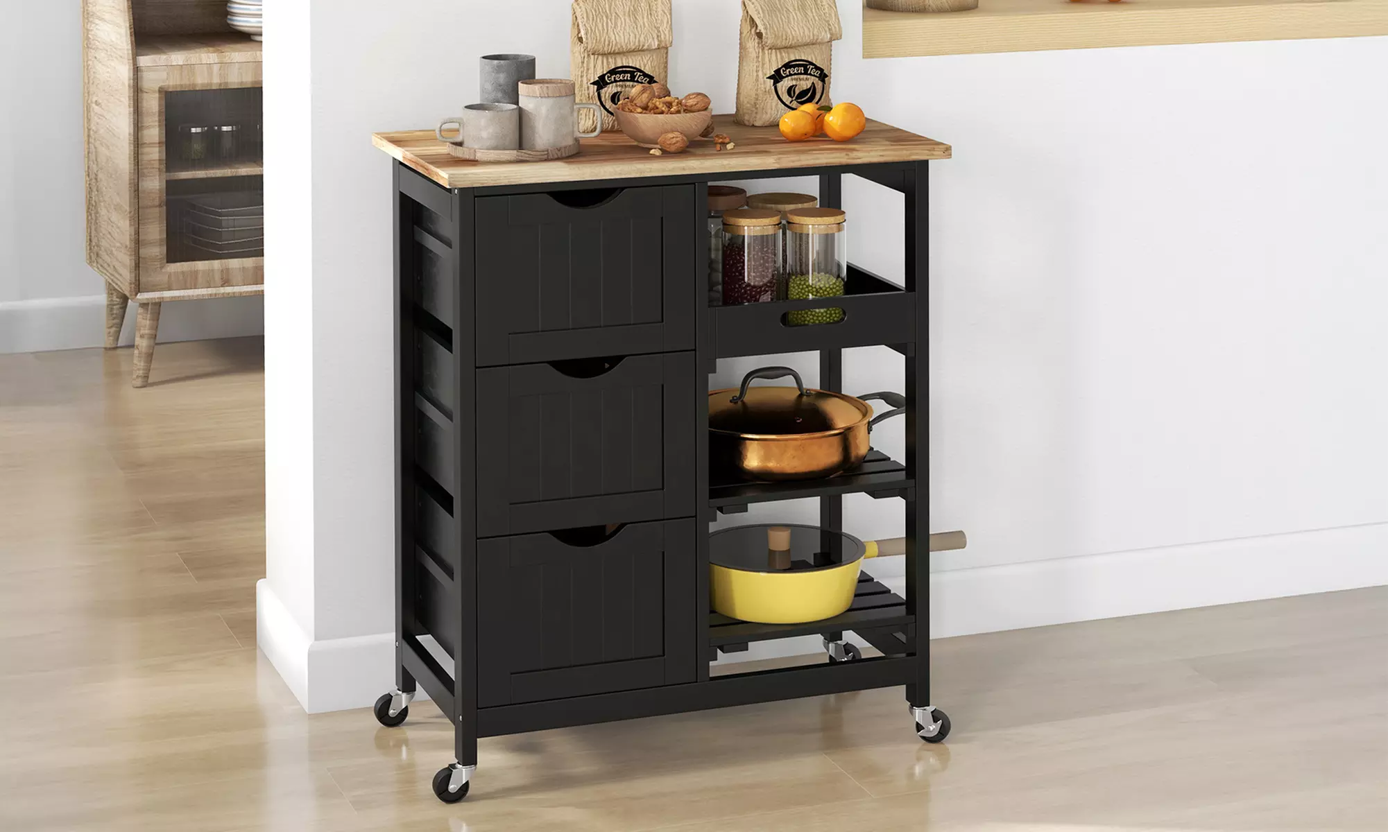 HOMCOM Kitchen Trolley Cart with Wooden Worktop