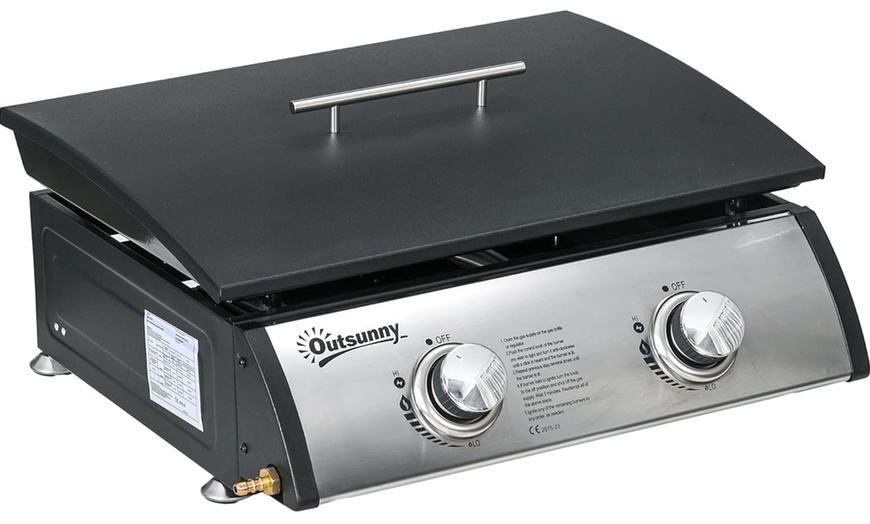 Image 8: Outsunny Tabletop Gas Plancha Grill with Two Stainless Steel Burner