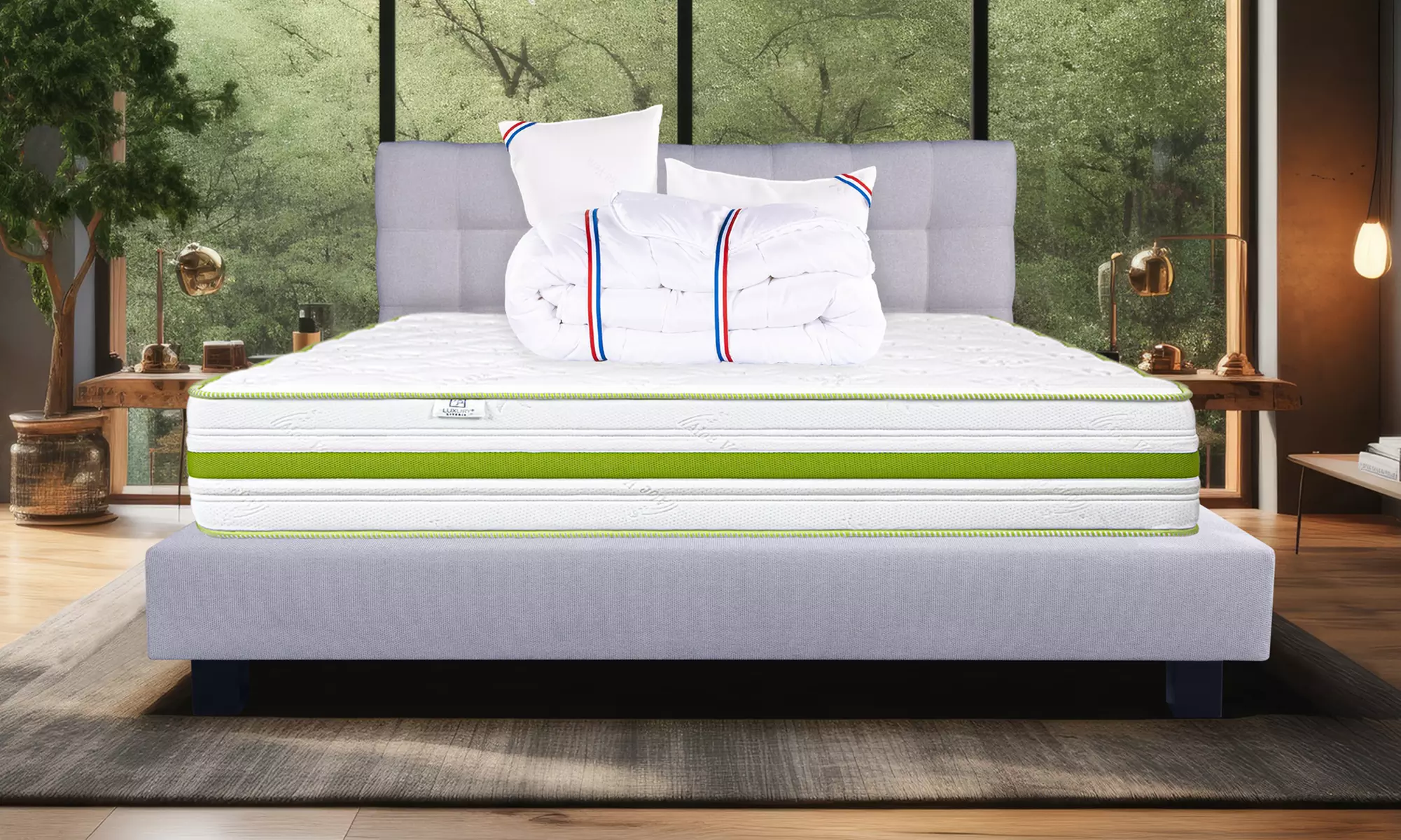 Matelas 24/30 cm avec sommier, tête de lit et couette Luxury Literie