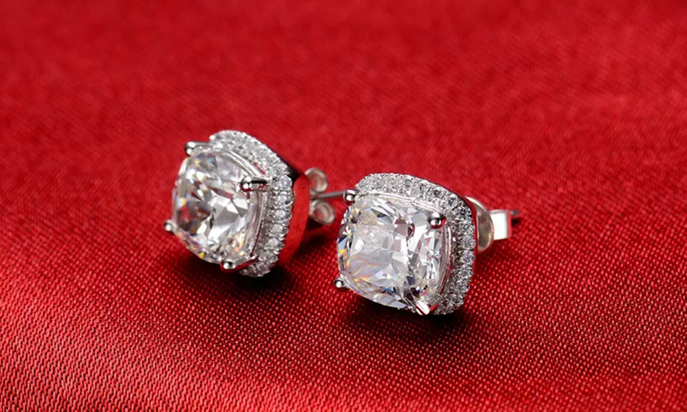 Sterling Silver Cubic Zirconia Cushion Cut Halo Studs