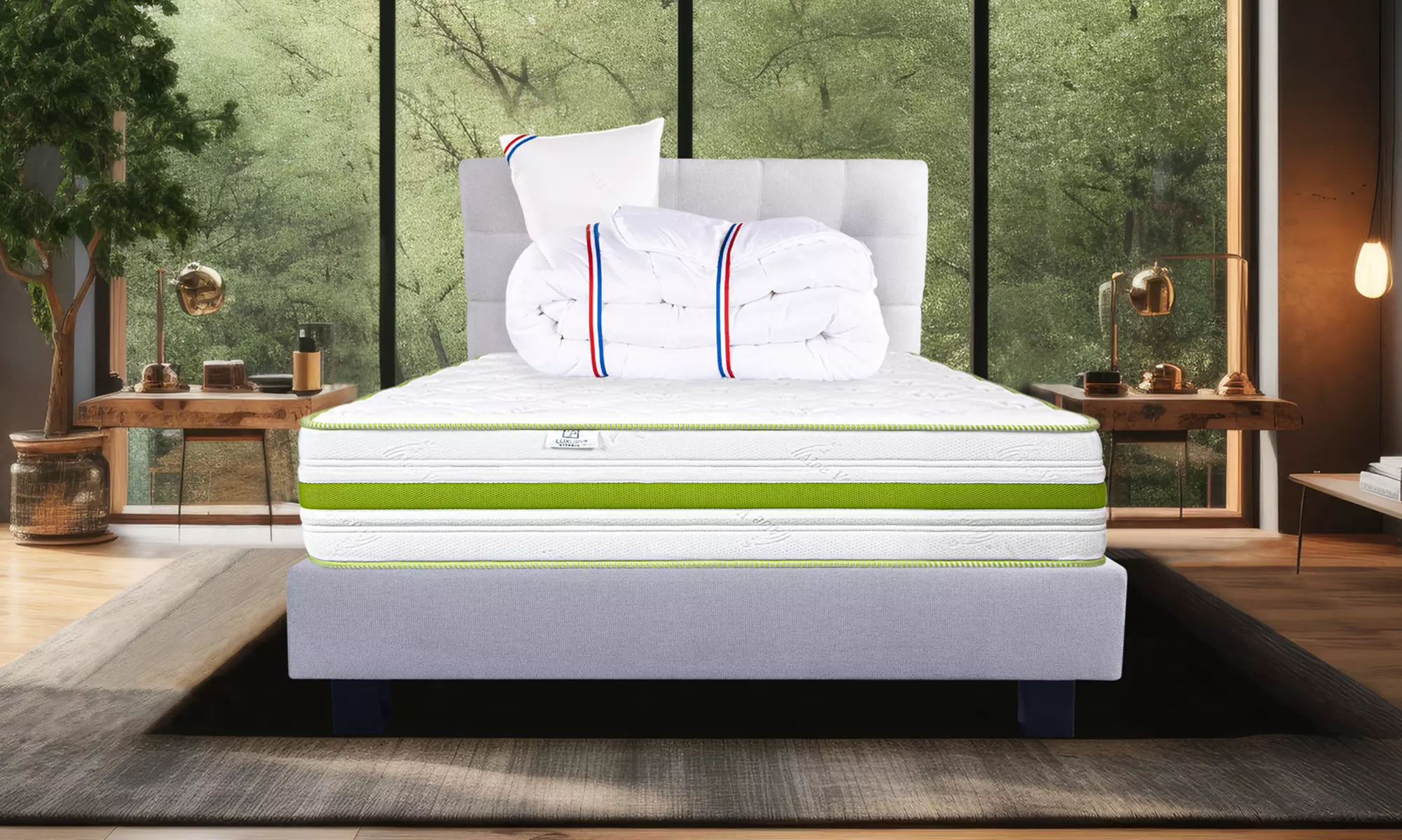 Matelas 24/30 cm avec sommier, tête de lit et couette Luxury Literie