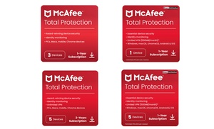 McAfee Total Protection 2025 para 1, 3 o 5 dispositivos, 1 o 2 años McAfee Total Protection 2025 para 1, 3 o 5 dispositivos, 1 o 2 años