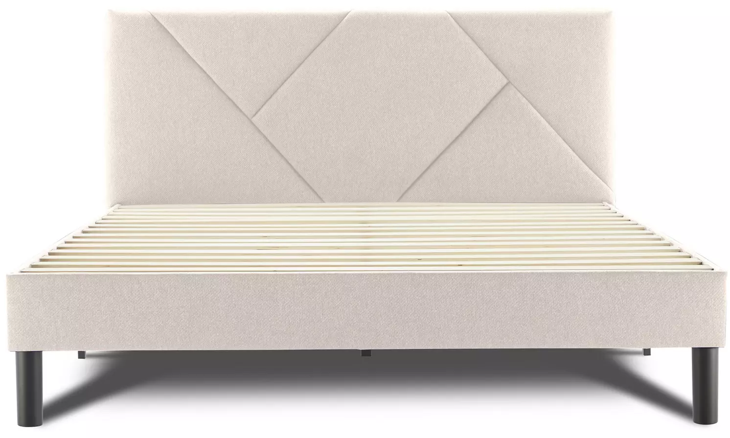 Letto imbottito in tessuto con doghe in legno e vano contenitore