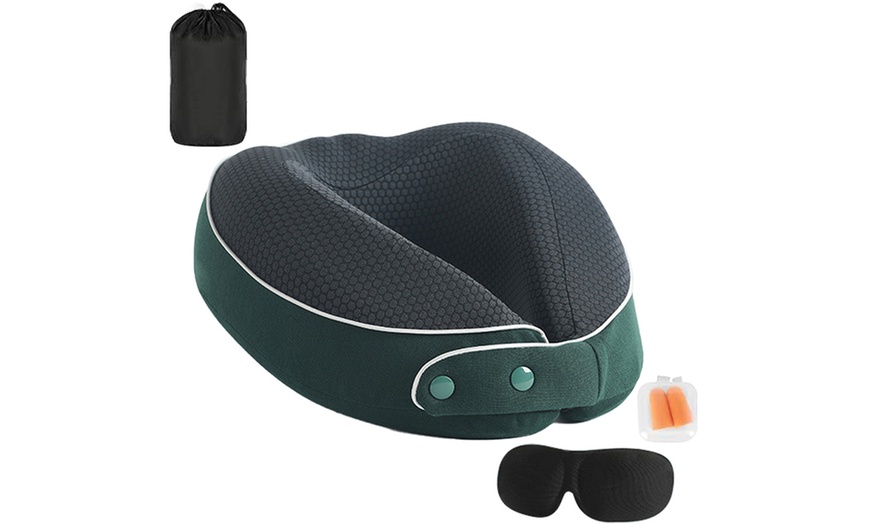 Image 3: Memory Foam Travel Neck Pillow Set, Includes Mask and Earplugs