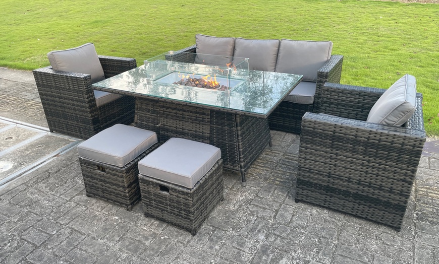 Image 2: 7-Seater Rattan Effect Garden Lounge Set with Gas Fire Pit Table