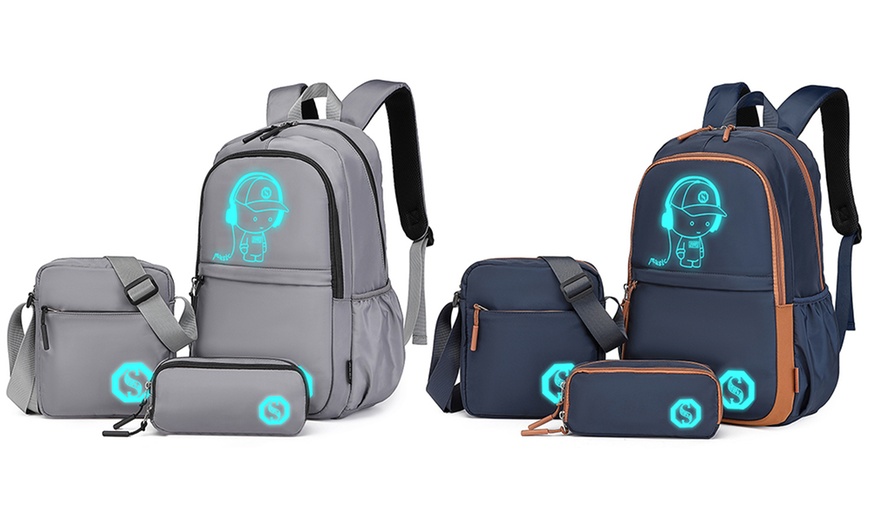 Image 1: Three-Piece Glow-In-The-Dark Laptop Backpack Set