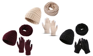 Winter Warm Knitted Scarf Beanie Hat Touch Screen Gloves Set