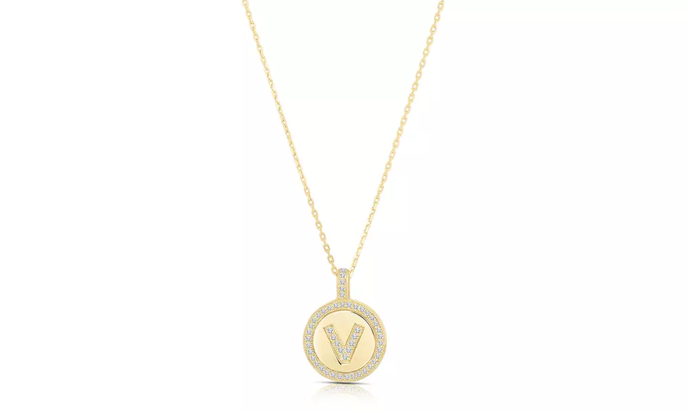 Crystal Round Disc Initial Pendant Necklace in 14K Gold Plated