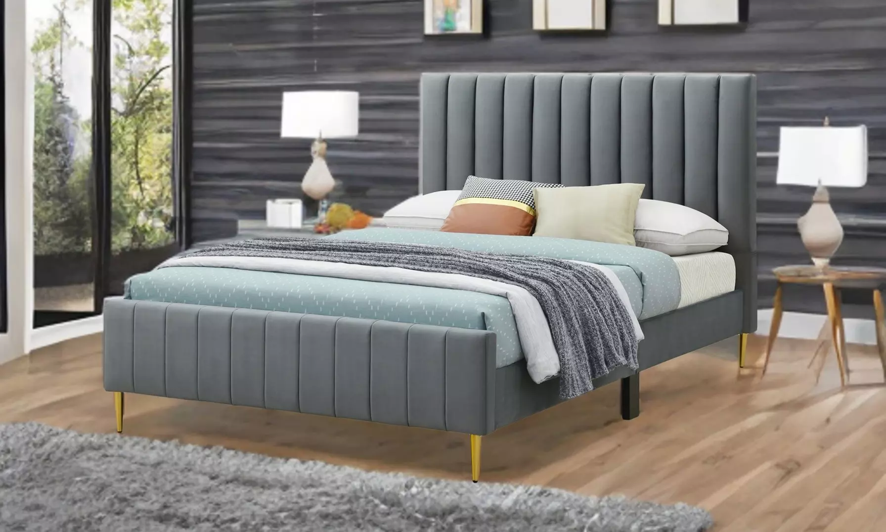 Elton Contemporary Grey Upholstered Bed Frame with Optional Mattress