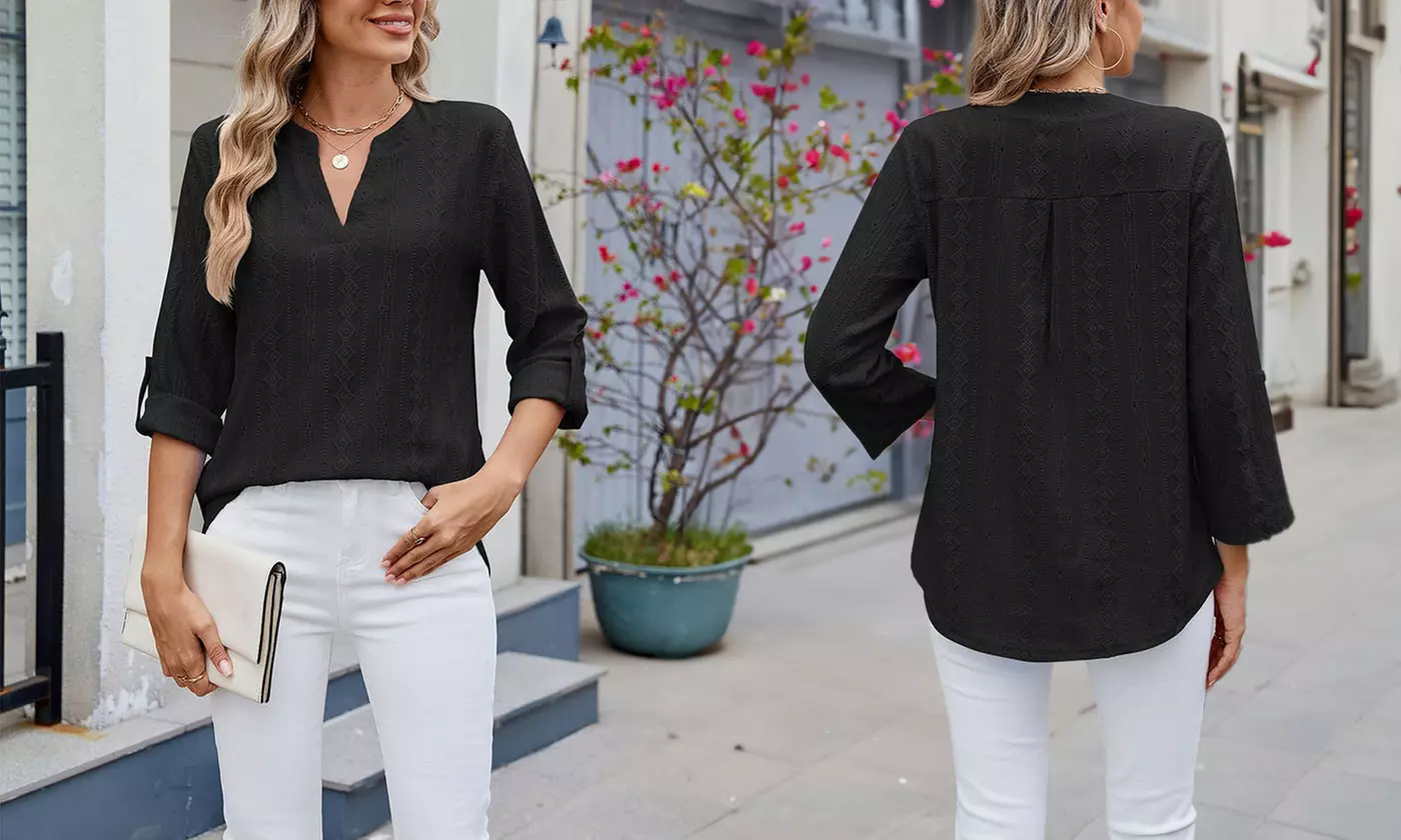 Women Dressy V Neck Ruffle 3/4 Sleeve Trendy Eyelet Blouses Loose Fit Tunic