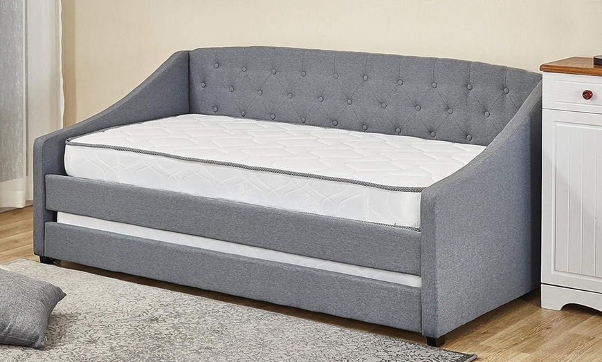 Image 2: 3ft Single Trundle Daybed with Tufted Fabric Finish in Grey