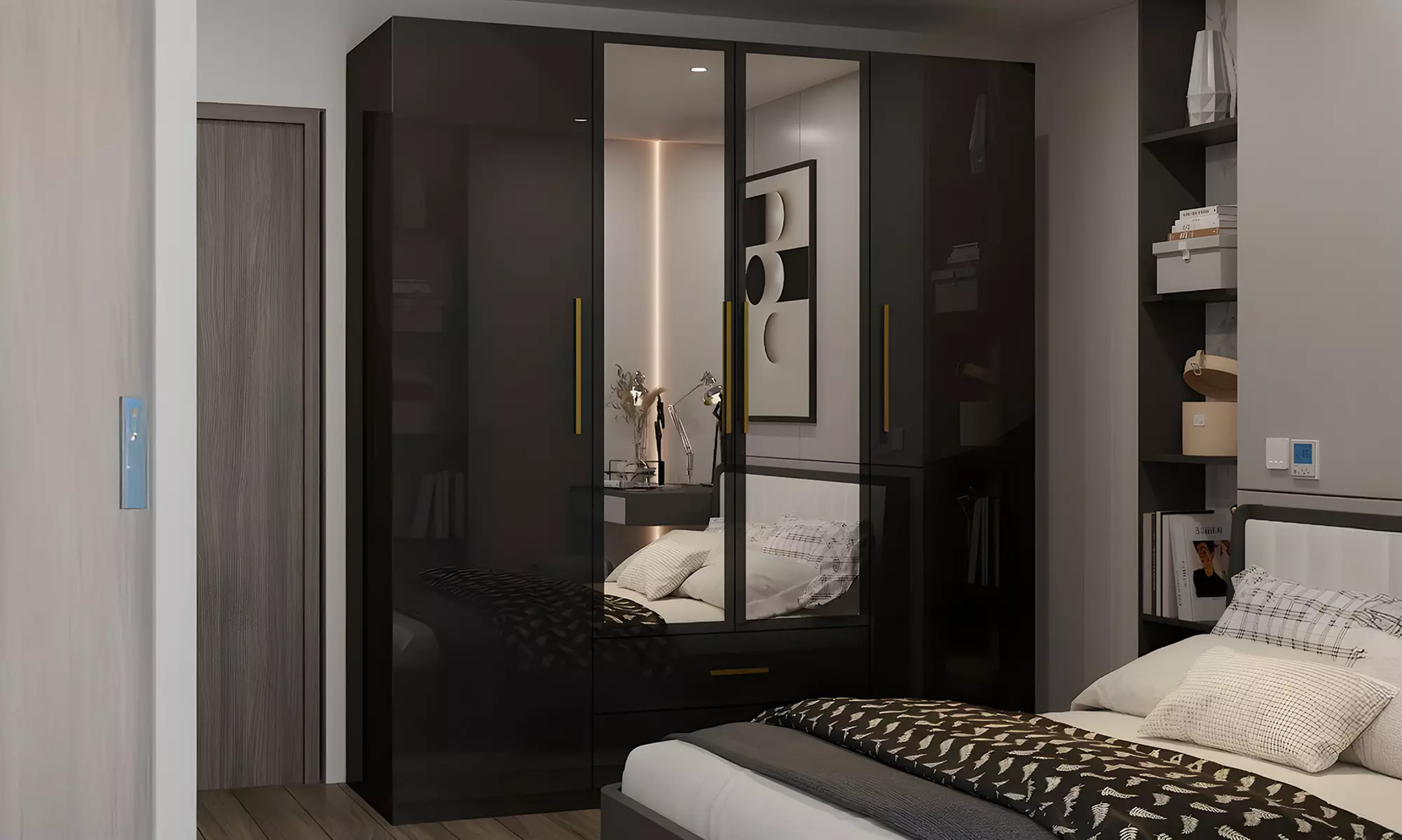 High Gloss Wardrobe with Mirrored Door