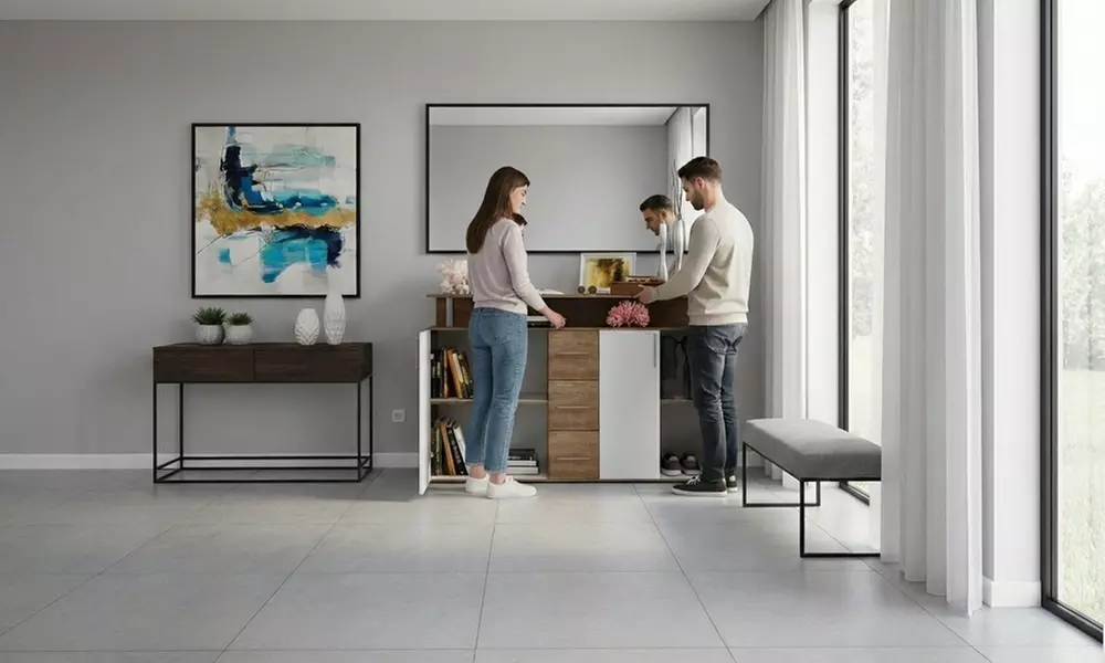 Credenza moderna bianca con ante, cassetti e ripiani