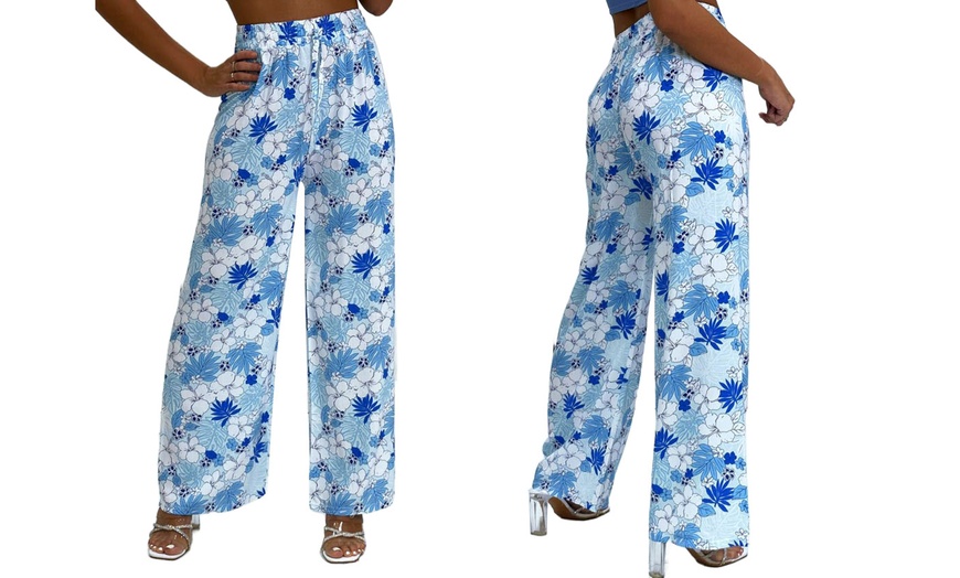 Image 18: Wide-Leg Tie-Waist Multicoloured Floral Palazzo Pants