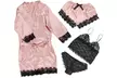 Women's 4 Piece Silk Satin Robe Bralettes Shorts Panties Sleepwear Pajamas Set - Second Medium