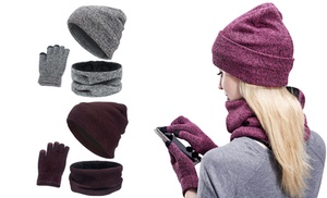 Three-in-One Winter Knitted Hat, Scarf and Touchscreen Gloves Set