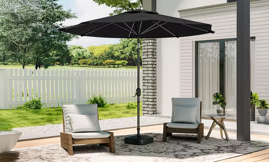 Image 2: Large 3m Black Rotating Outdoor Parasol with Multiple Base Styles