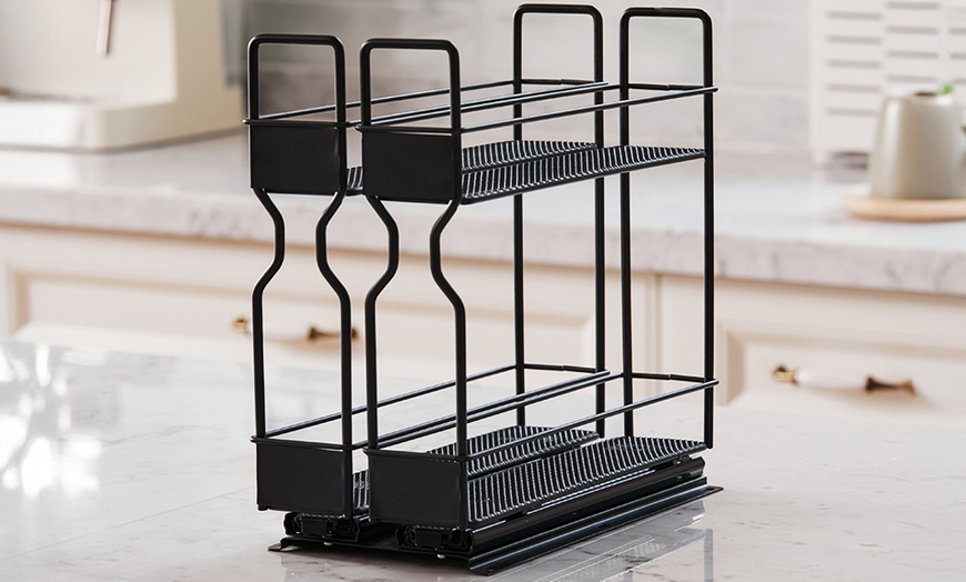 Image 2: Two-Tier Slide-Out Metal Spice Rack for Cabinet Organisation