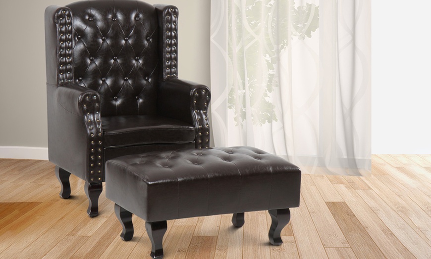 Image 1: Faux Leather Armchair and Footstool 