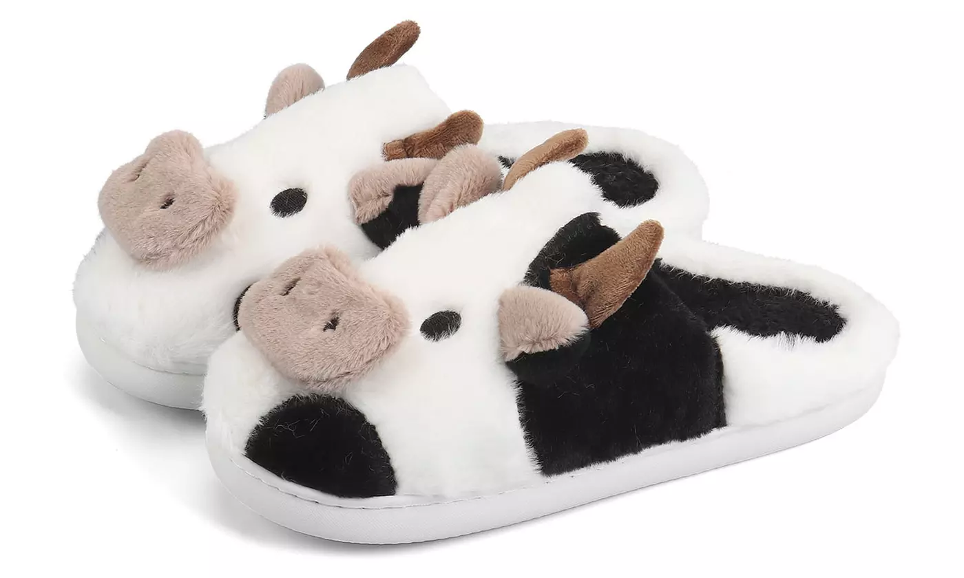 Winter Warm Cozy Fuzzy Plush Cartoon Cotton Cute Cow Indoor Outdoor Slippers