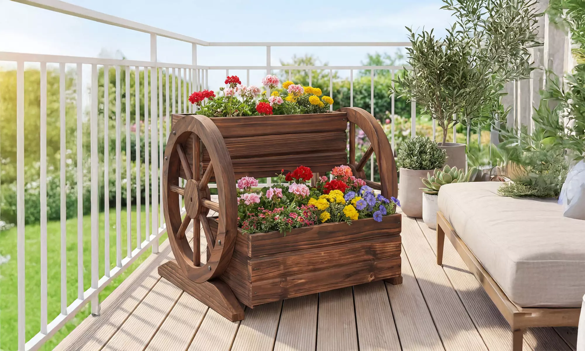 Costway 2-Tier Rustic Wooden Wagon Planter Box with Drainage Holes