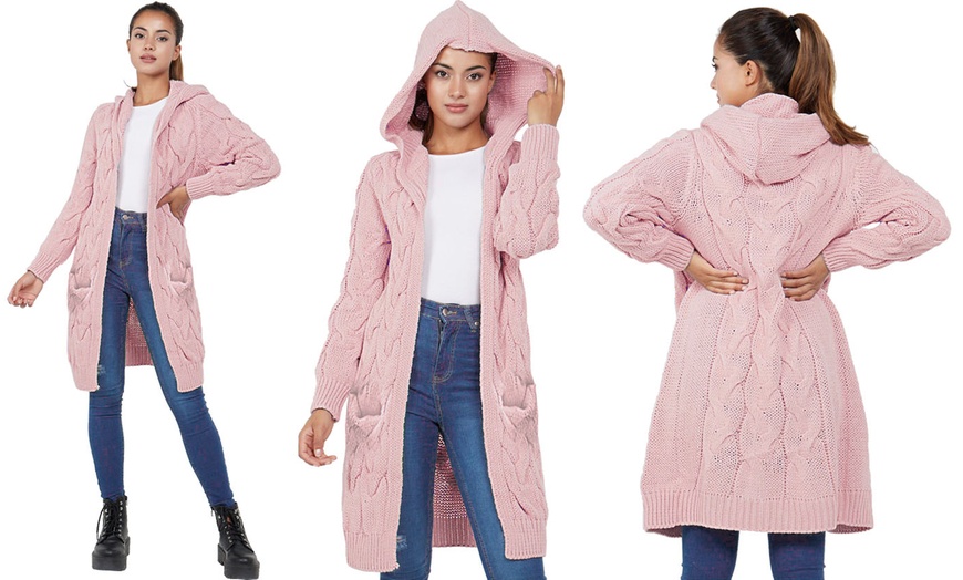 Image 7: Cable Chunky Knit Open Front Hooded Cardigan