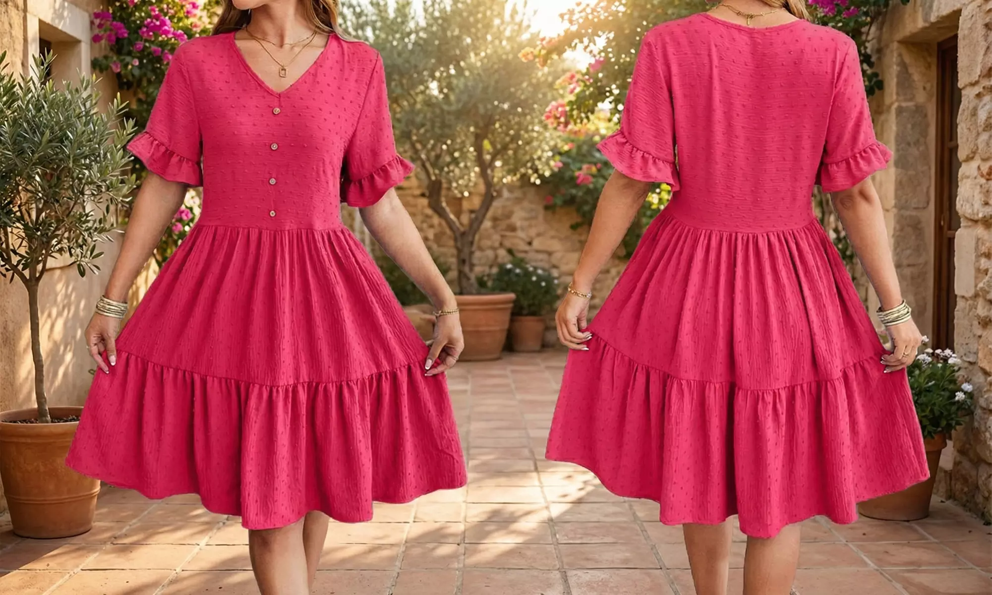 Womens V Neck Short Sleeve Swiss Dot Ruffle Hem Summer Dress