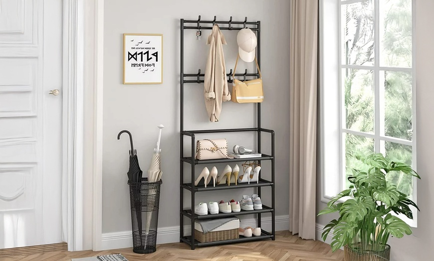 Image 3: Multi-Tier Metal Shoe Rack with Coat Hooks 